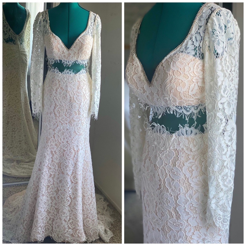JUSTIN & ASHLEY LACE IVORY BEIGE MERMAID TWO-PIECE WEDDING DRESS SZ 8